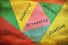 abstract image featuring phrases including 'equality', 'diversity', 'respect', 'tolerance' and 'justice'